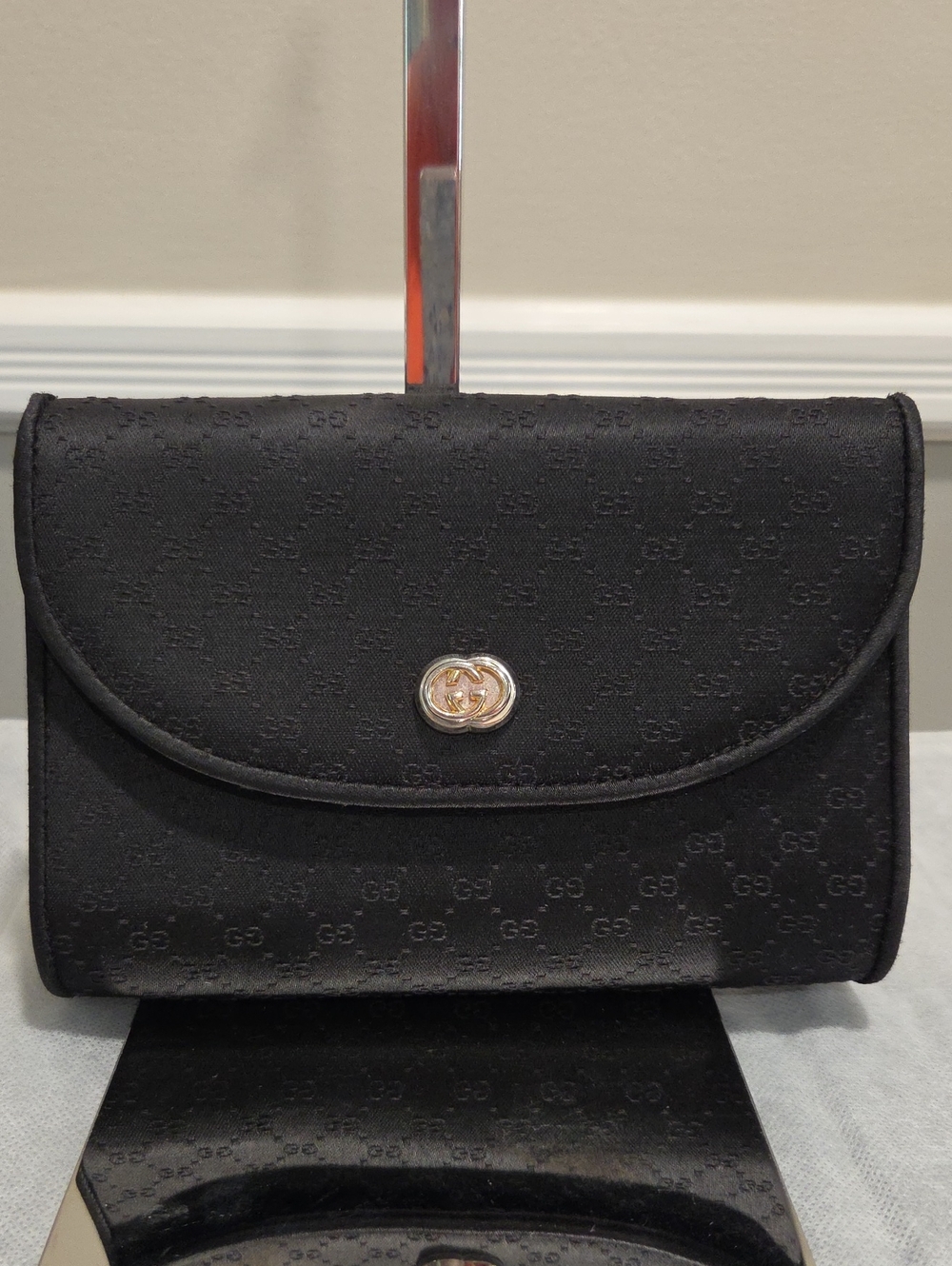 Gucci Black GG Monogram Silk Clutch/Shoulder/Crossbody with Gold Logo